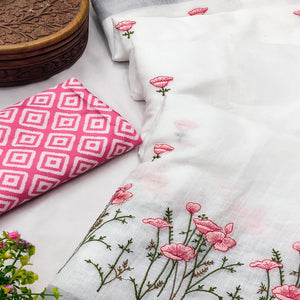 White Pure Linen Saree with Floral Embroidery and Tassel Detailing