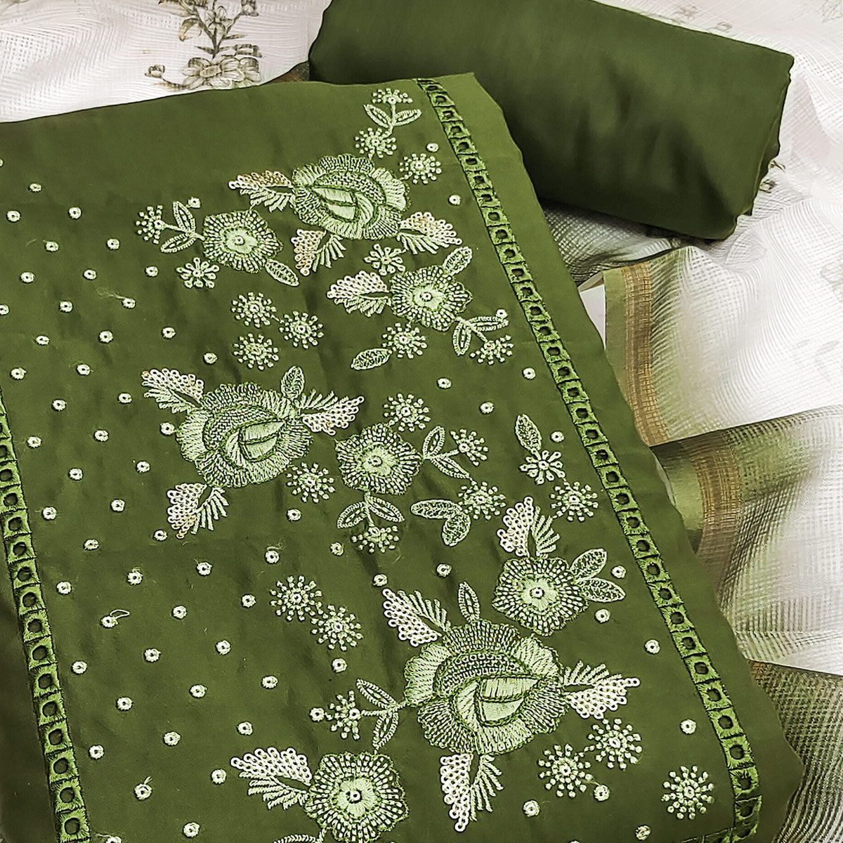 Green Viscose Dress Material With Stunning Floral Sequin Embroidery