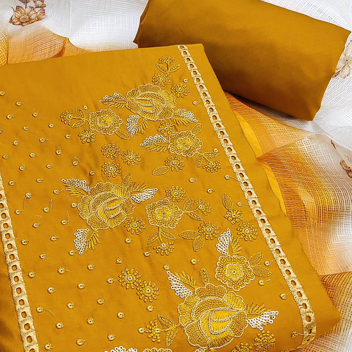 Mustard Viscose Dress Material With Stunning Floral Sequin Embroidery