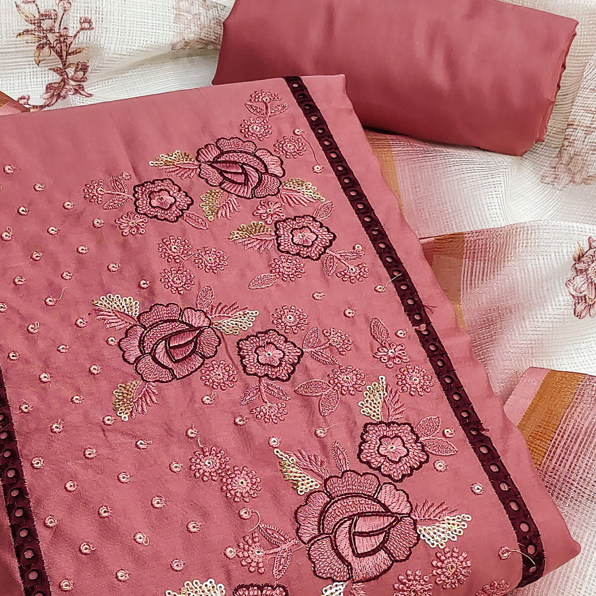 Peach Viscose Dress Material With Stunning Floral Sequin Embroidery