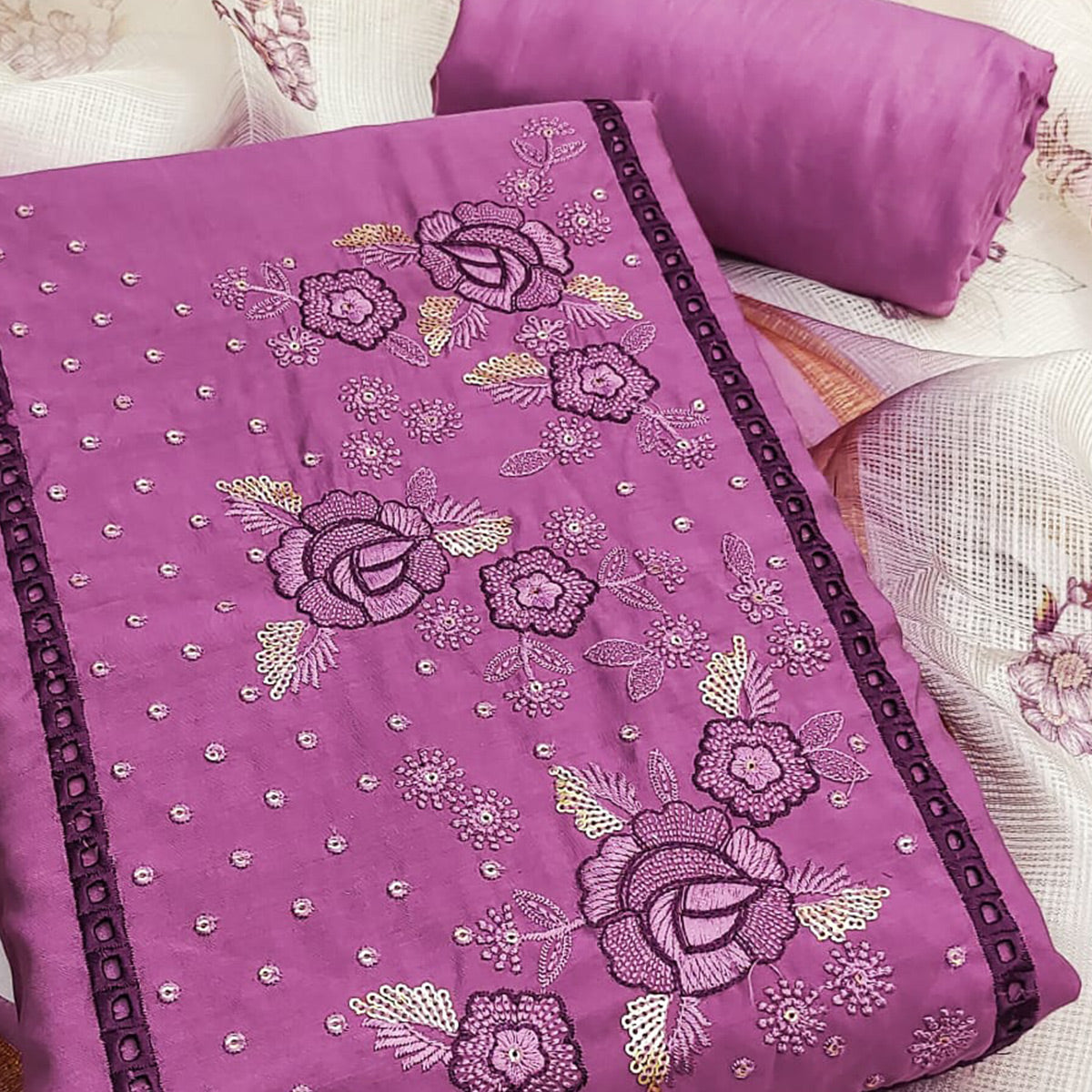 Purple Viscose Dress Material With Stunning Floral Sequin Embroidery