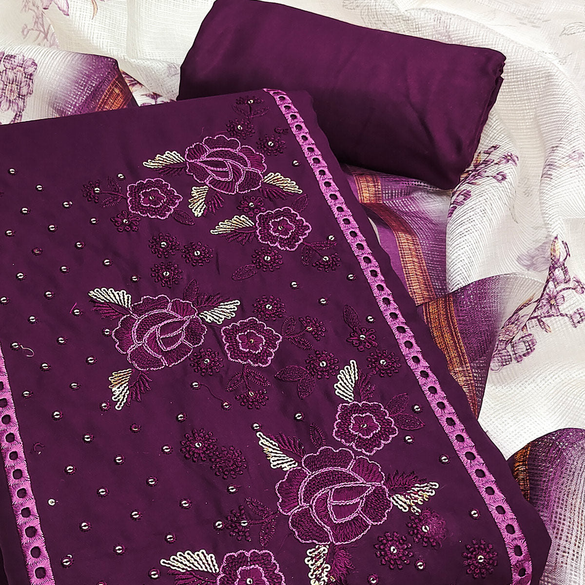 Wine Viscose Dress Material With Stunning Floral Sequin Embroidery