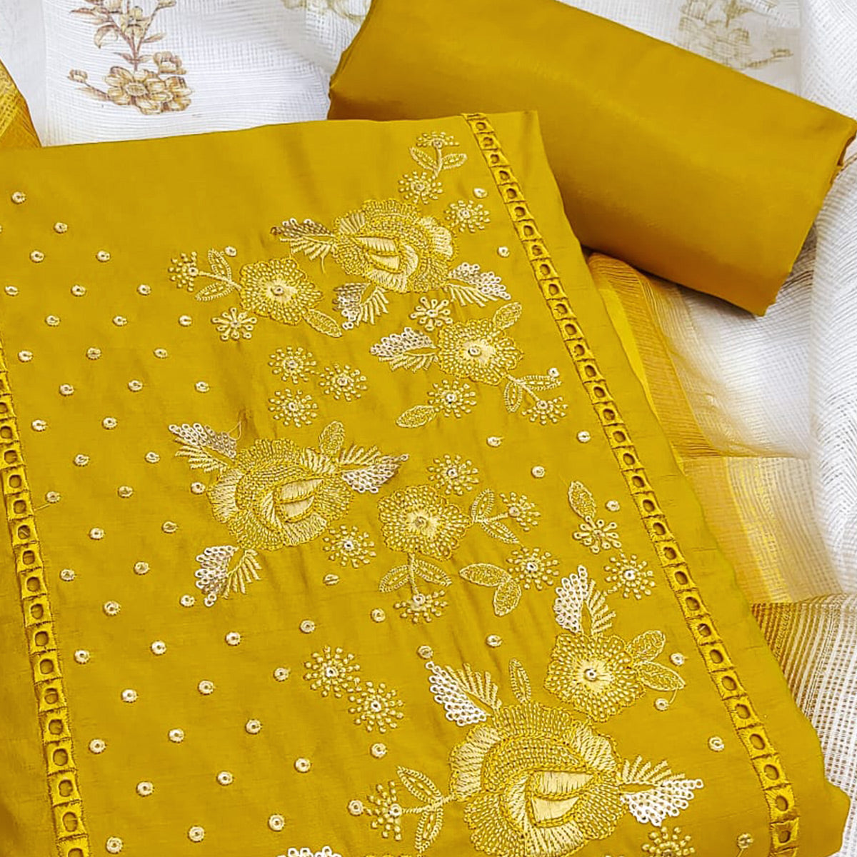 Yellow Viscose Dress Material With Stunning Floral Sequin Embroidery
