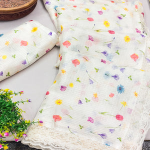 Elegant White Floral Kota Doria Saree with Delicate Lace Detailing