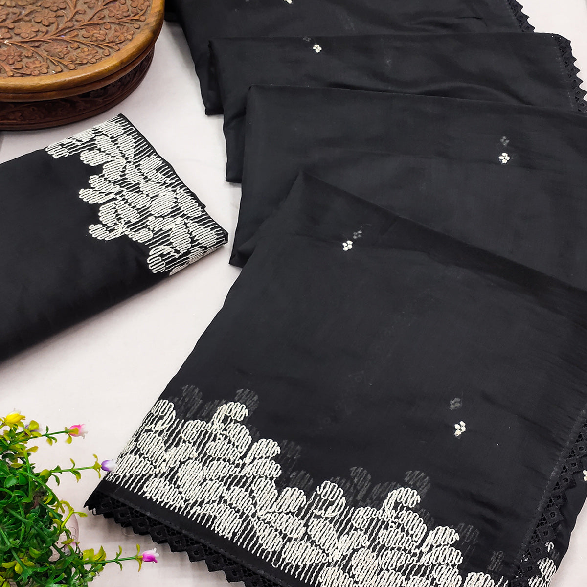 Graceful Black Chanderi Cotton Saree with Intricate Thread Embroidery