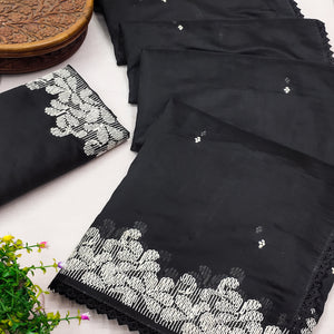 Graceful Black Chanderi Cotton Saree with Intricate Thread Embroidery
