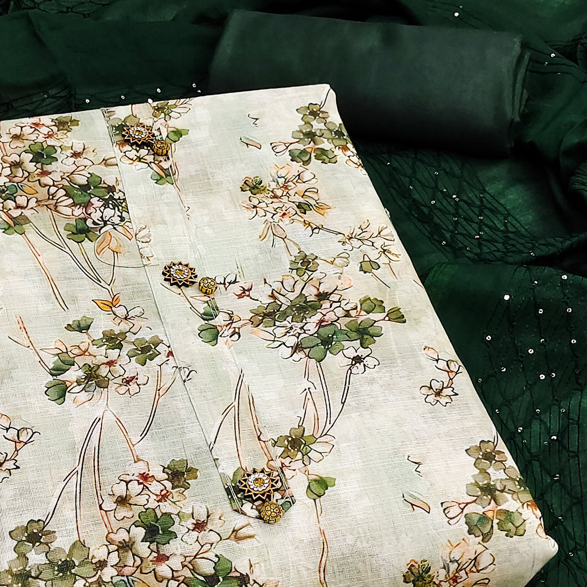 Light Green Delicate Floral Print Linen Fabric Dress Material