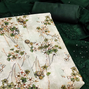 Light Green Delicate Floral Print Linen Fabric Dress Material