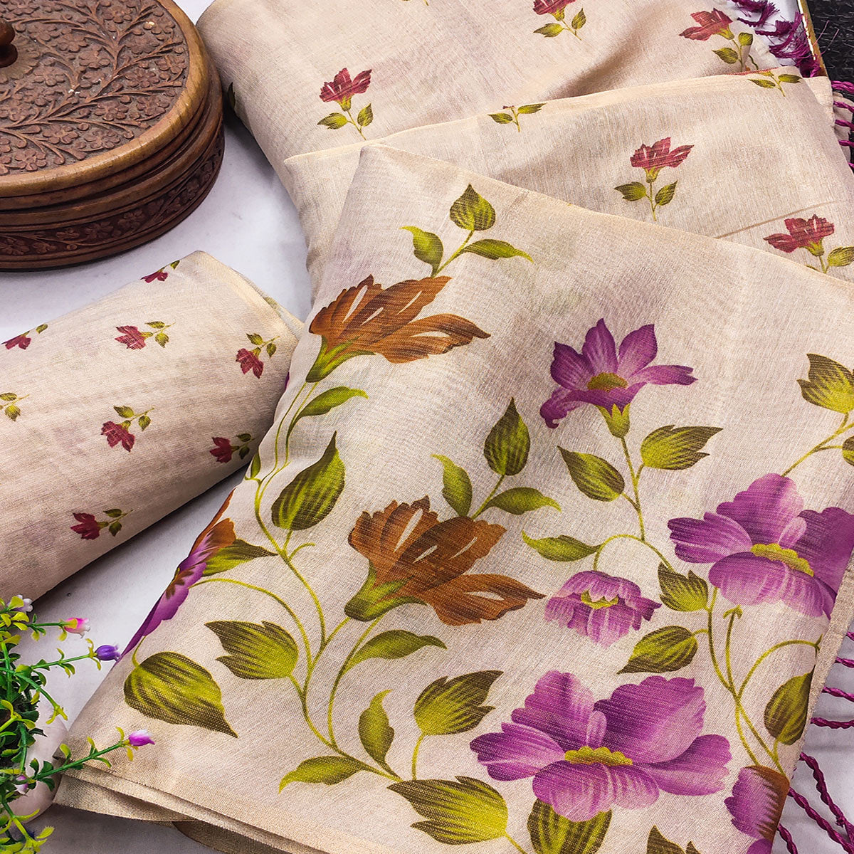 Chikoo Floral Art Silk Saree with Elegant Print