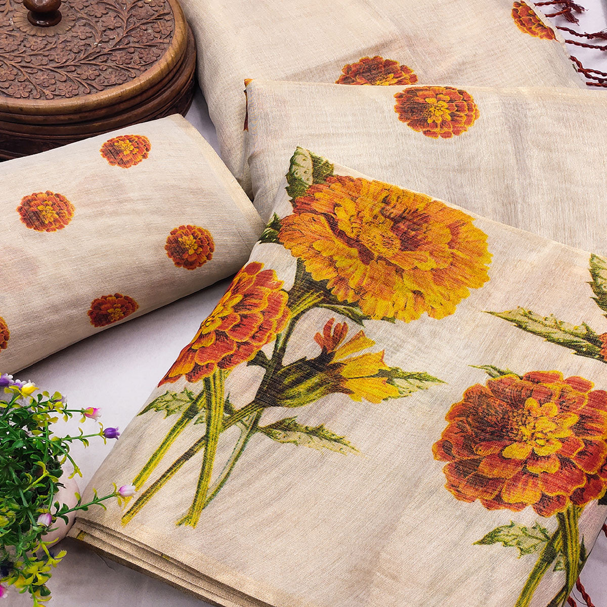 Chikoo Floral Art Silk Saree with Elegant Print