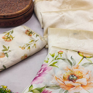 Cream Floral Printed Silk Blend Saree With Delicate Zari Work