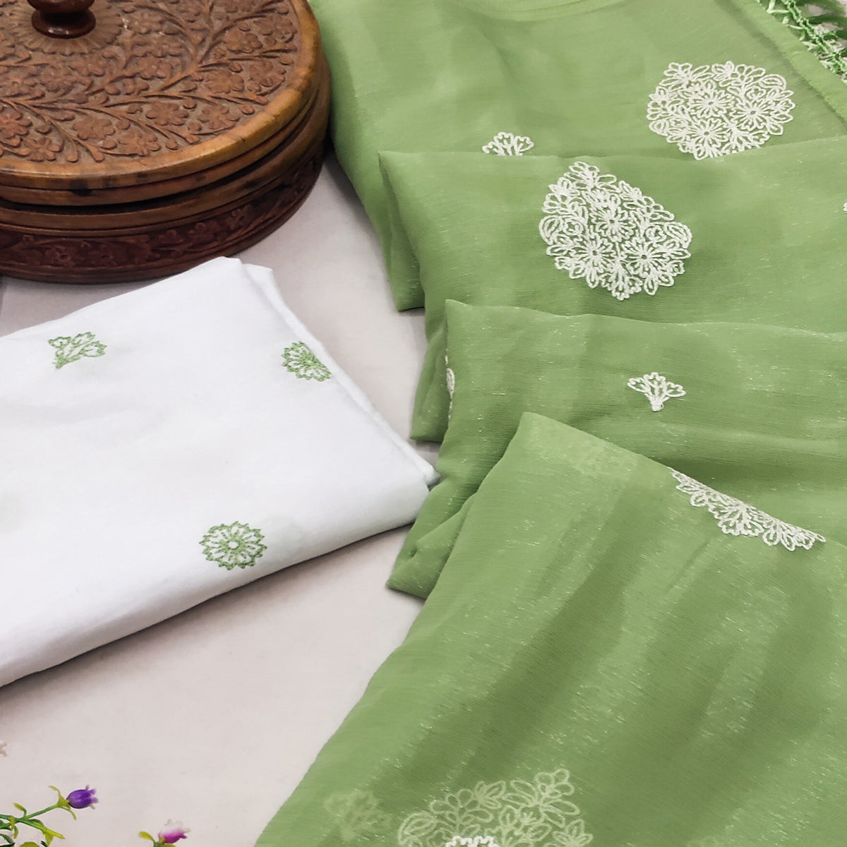 Green Embroidered Chiffon Saree With Elegant Tassel Borders