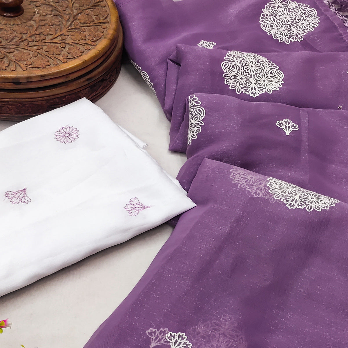 Purple Embroidered Chiffon Saree With Elegant Tassel Borders