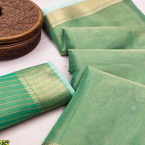 Subtle Solid Sea Green Kota Doria Saree with Traditional Zari Weaving Edging