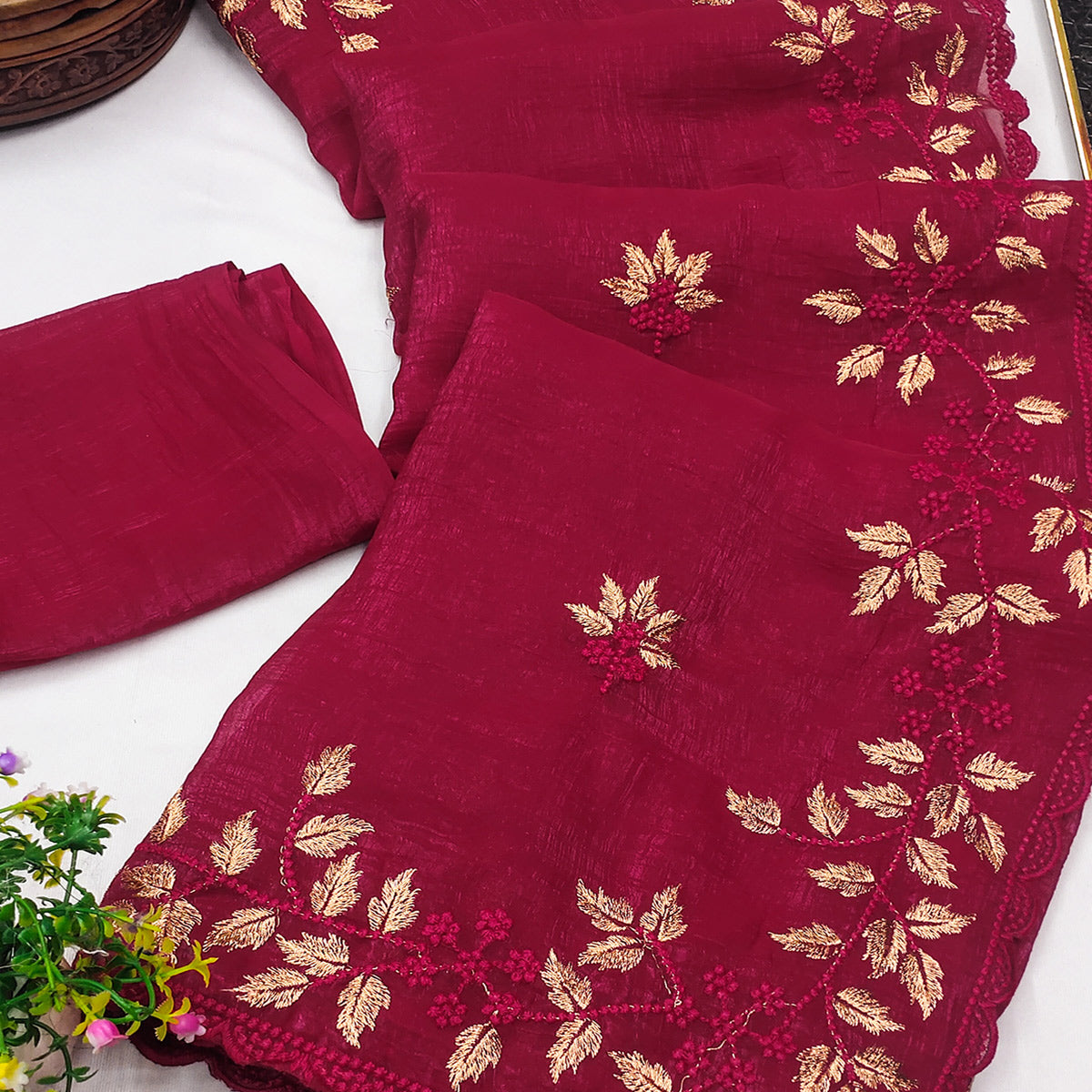 Dark Pink Sheer Organza Saree Adorned with Floral Embroidery