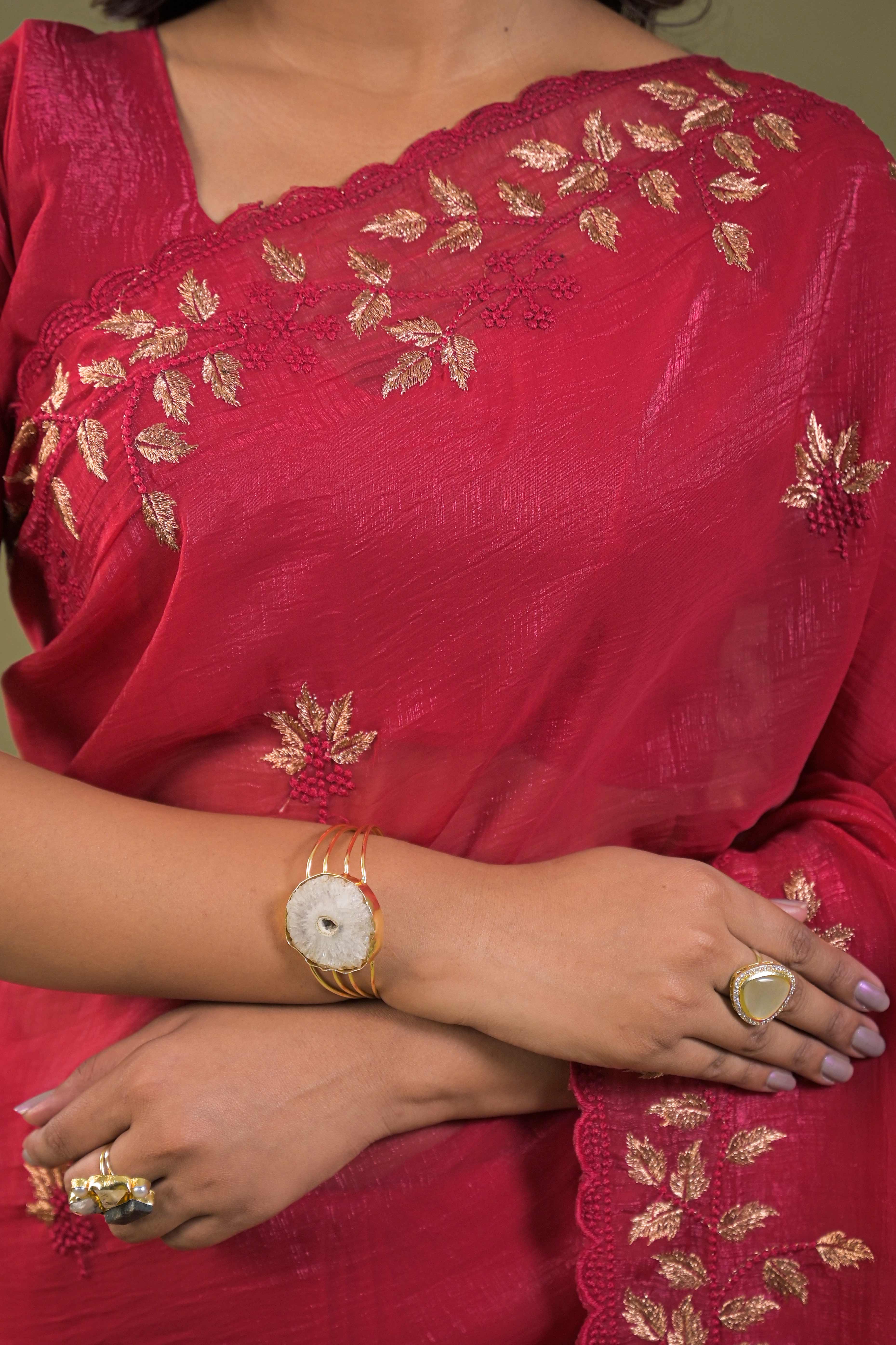 Dark Pink Sheer Organza Saree Adorned with Floral Embroidery