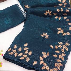 Dark Teal Sheer Organza Saree Adorned with Floral Embroidery
