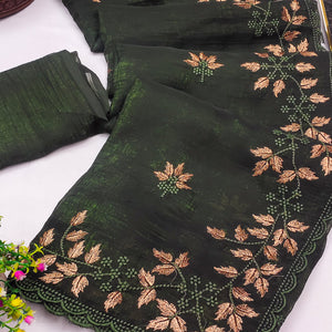 Mehendi Green Sheer Organza Saree Adorned with Floral Embroidery