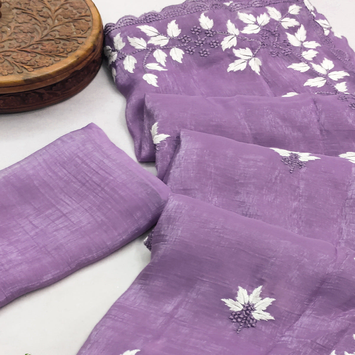 Purple Organza Saree Featuring Fine Floral Embroidery