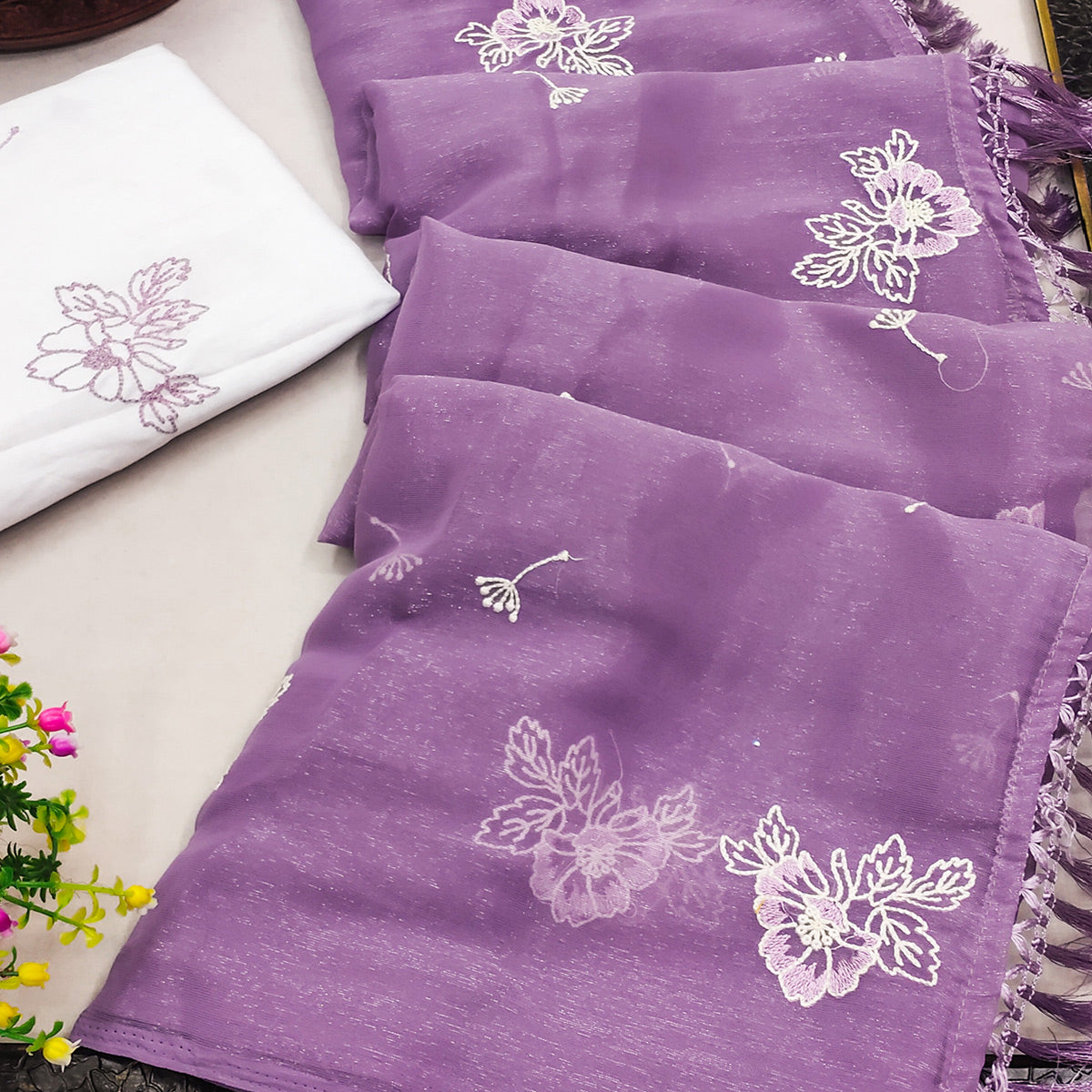 Designer Purple Chiffon Saree with Intricate Floral Embroidery