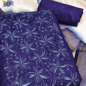 Blue Unstitched Suit Material in Kota Doria with Floral Threadwork