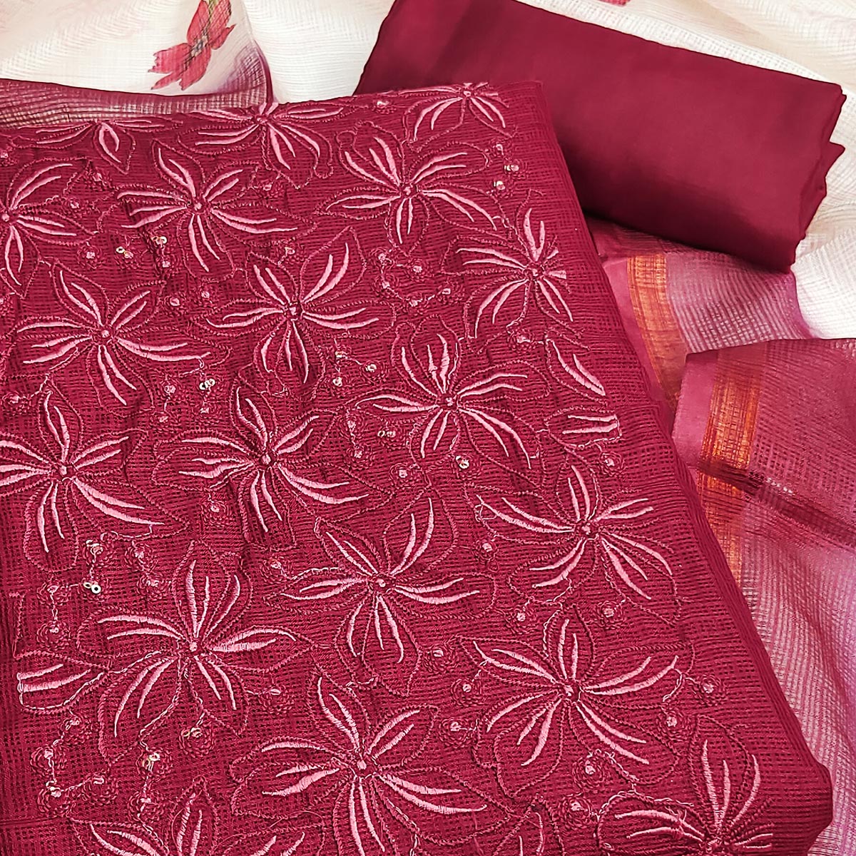 Pink Unstitched Suit Material in Kota Doria with Floral Threadwork