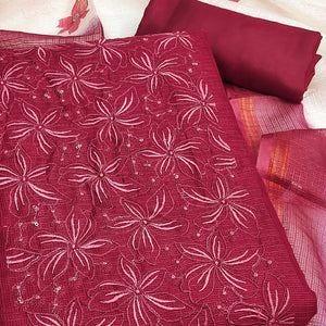 Pink Unstitched Suit Material in Kota Doria with Floral Threadwork