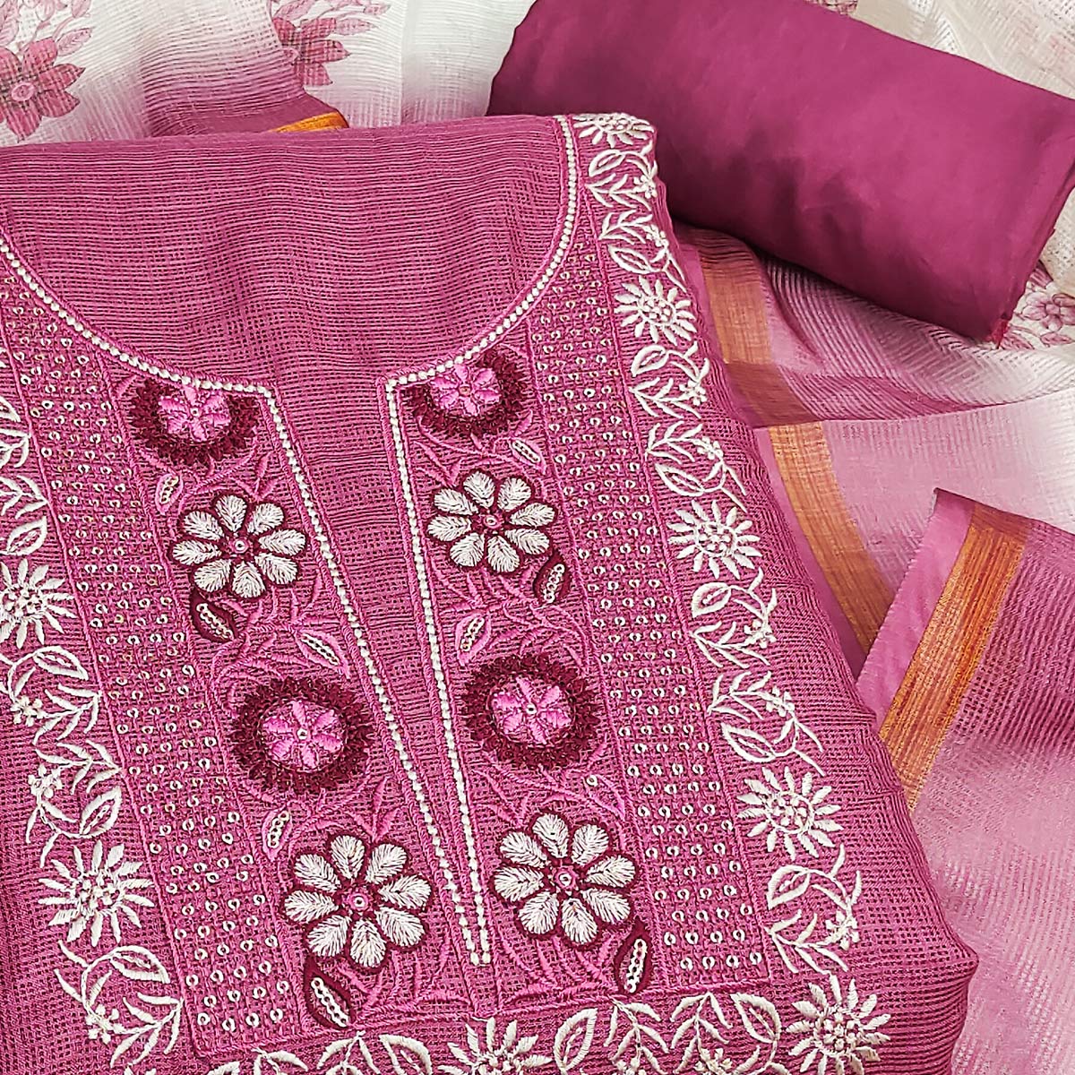 Pink Kota Doria Fabric with Beautifully Embroidered Floral Designs