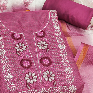 Pink Kota Doria Fabric with Beautifully Embroidered Floral Designs