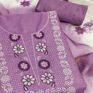 Purple Kota Doria Fabric with Beautifully Embroidered Floral Designs