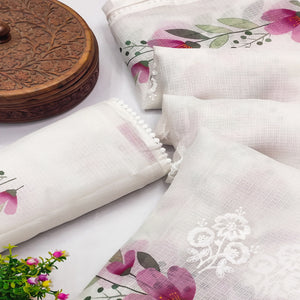 White Saree in Sheer Kota Doria Fabric with Floral Patterns and Intricate Embroidery