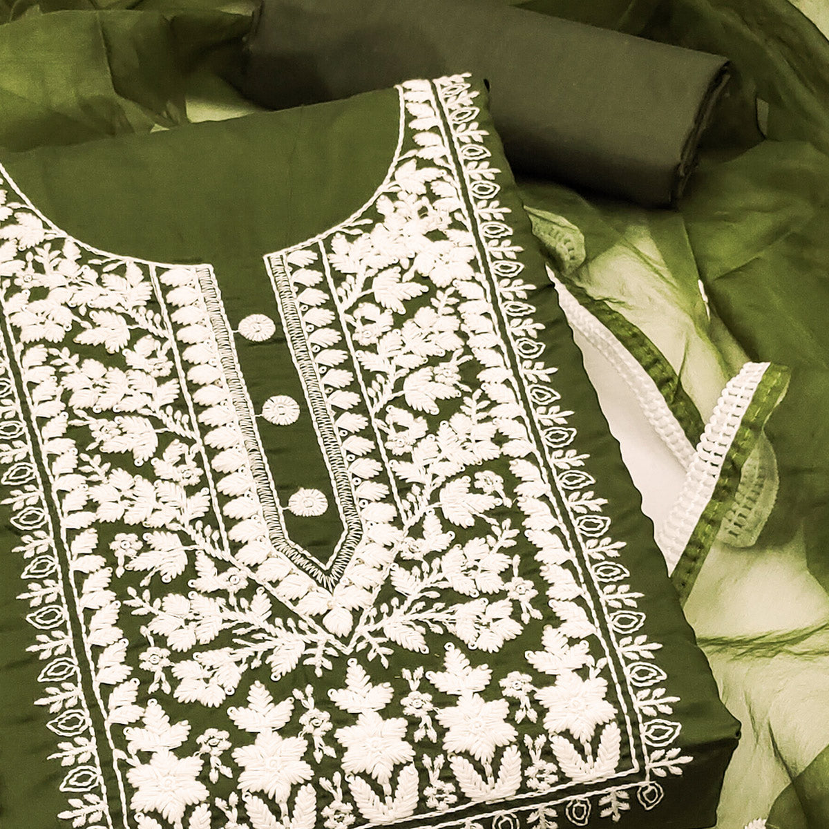 Soft Viscose Fabric in Green with Delicate Floral Work