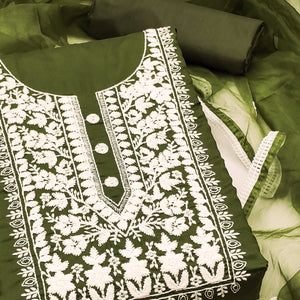 Soft Viscose Fabric in Green with Delicate Floral Work