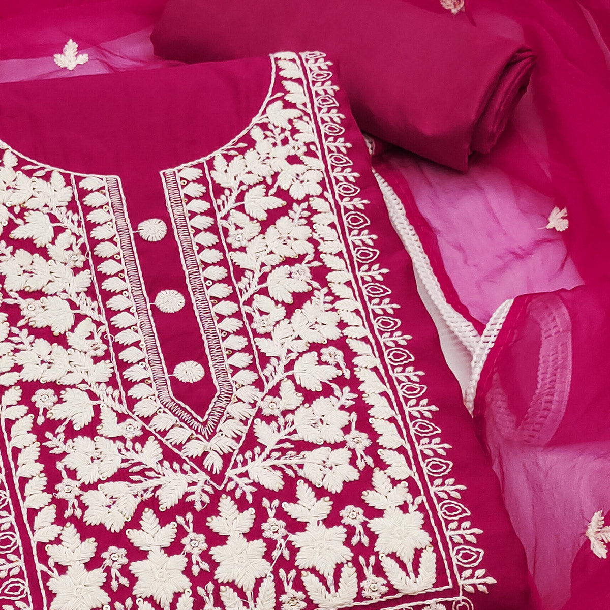 Soft Viscose Fabric in Pink with Delicate Floral Work