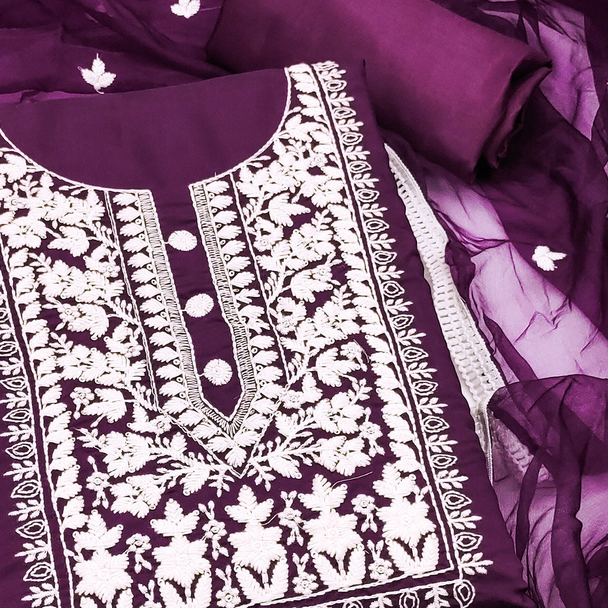 Soft Viscose Fabric in Purple with Delicate Floral Work