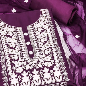 Soft Viscose Fabric in Purple with Delicate Floral Work