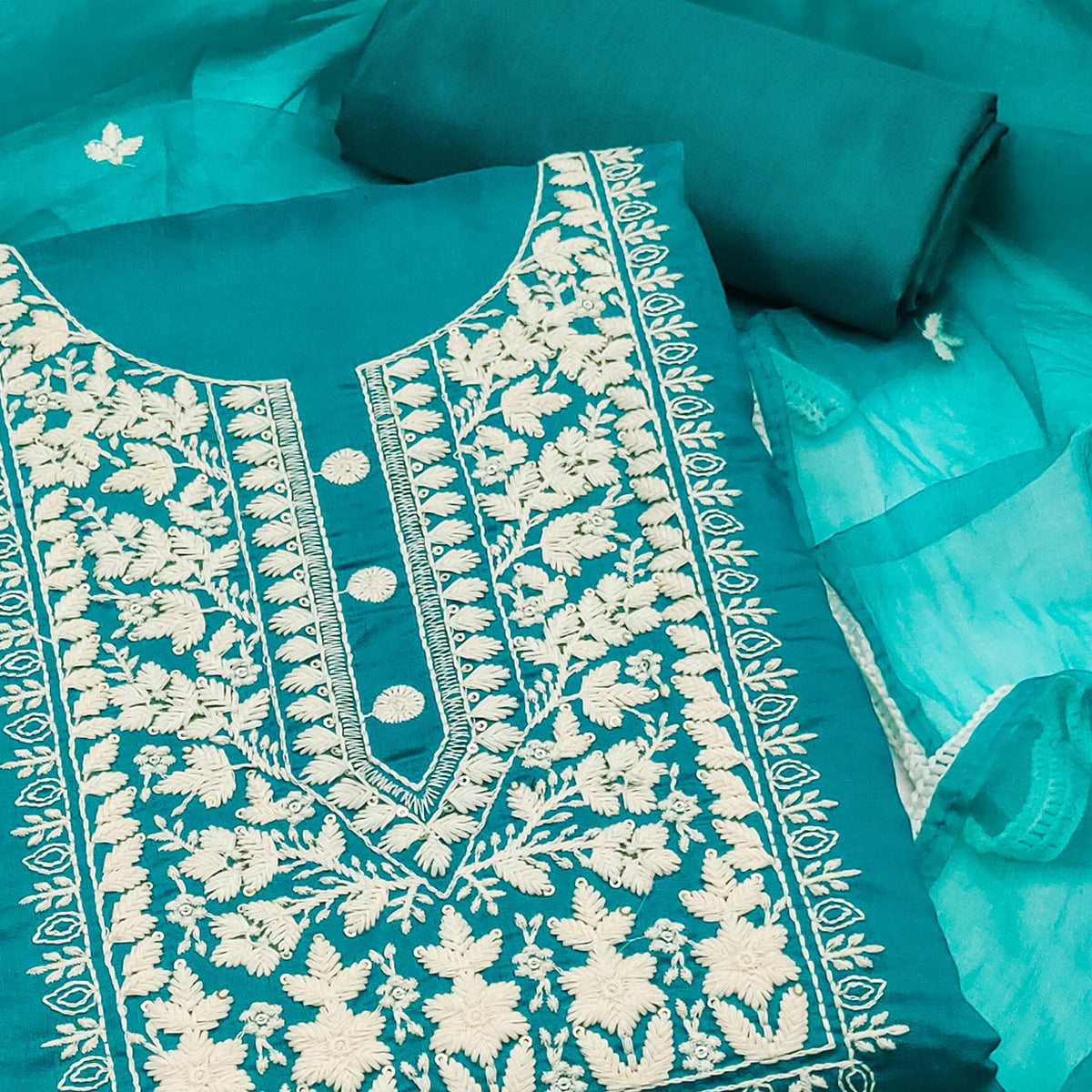 Soft Viscose Fabric in Turquoise with Delicate Floral Work
