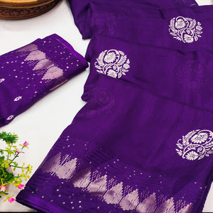 Festive Purple Dola Silk Saree with Printed Florals & Heritage Border Work