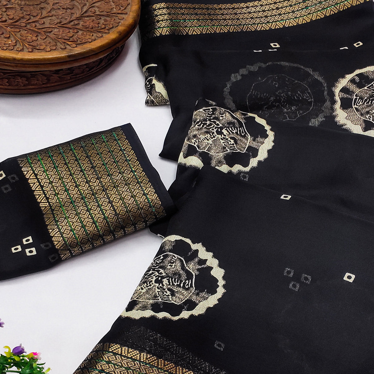 Designer Black Satin Saree with Abstract Art Print & Elegant Border Weave