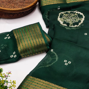 Designer Green Satin Saree with Abstract Art Print & Elegant Border Weave