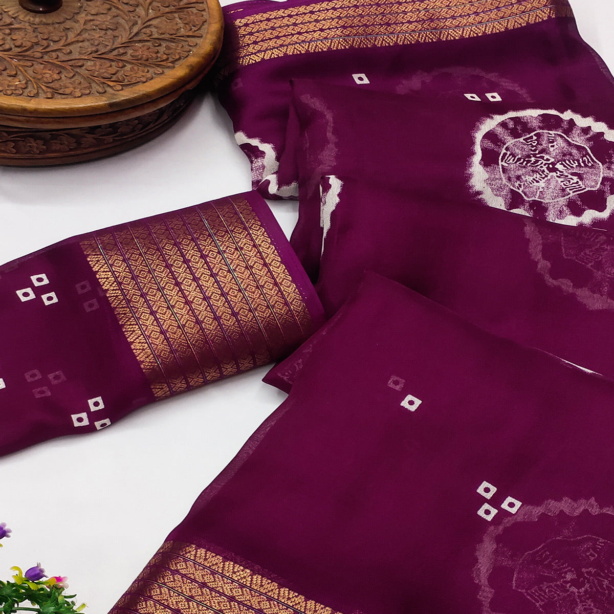 Designer Wine Satin Saree with Abstract Art Print & Elegant Border Weave