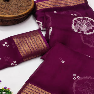 Designer Wine Satin Saree with Abstract Art Print & Elegant Border Weave