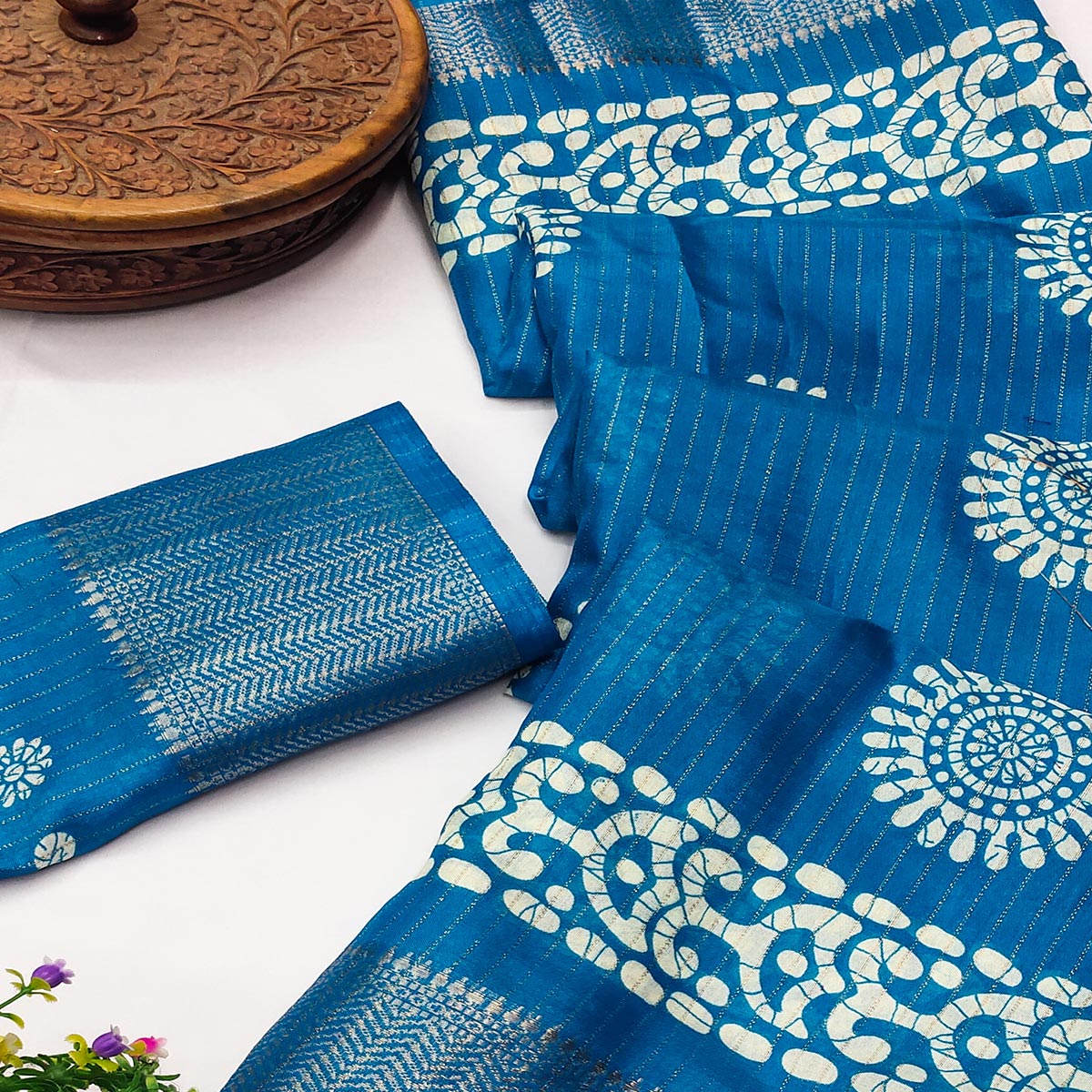 Classic Blue Dola Silk Saree Adorned with Floral Motifs & Rich Zari Work