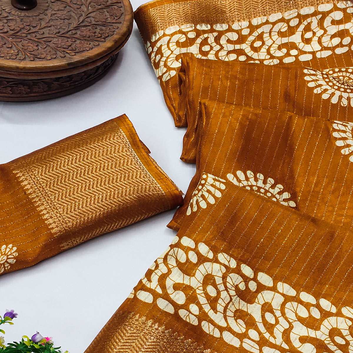 Classic Mustard Dola Silk Saree Adorned with Floral Motifs & Rich Zari Work