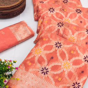 Rich Peach Saree in Banarasi Silk with Heritage Floral Zari Design