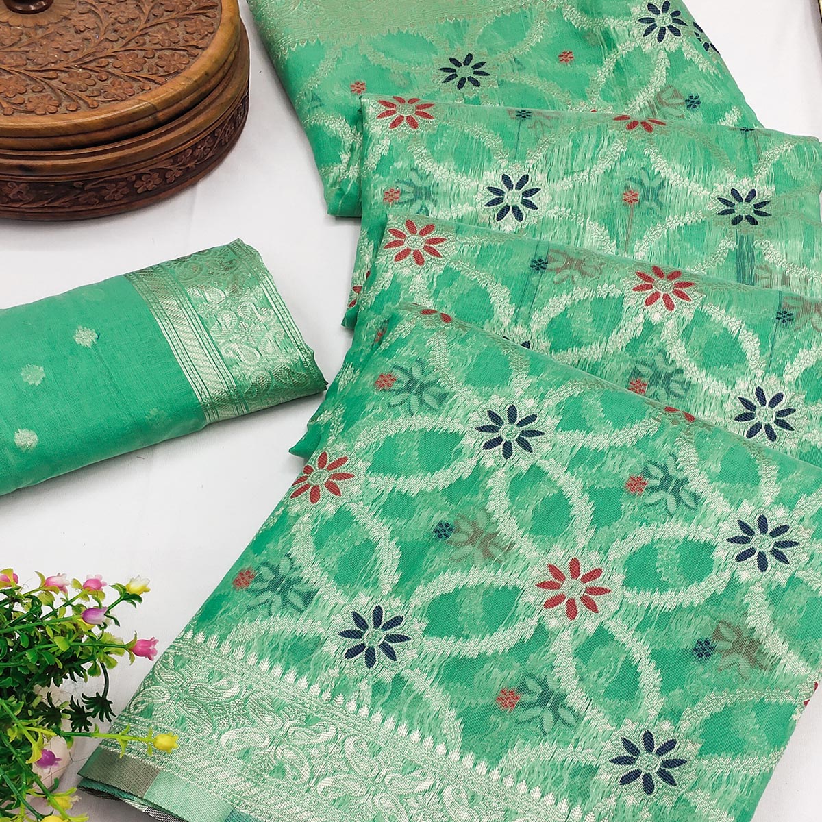 Rich Sea Green Saree in Banarasi Silk with Heritage Floral Zari Design