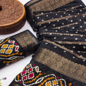 Black Bandhani Printed Dola Silk Saree Enhanced With Fine Weaving Accents