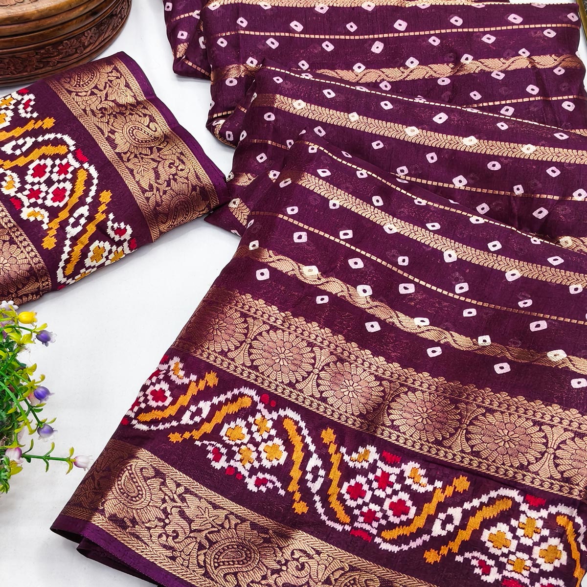 Deep Purple Bandhani Printed Dola Silk Saree Enhanced With Fine Weaving Accents