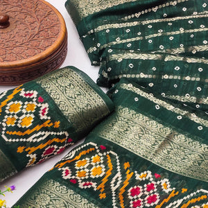 Green Bandhani Printed Dola Silk Saree Enhanced With Fine Weaving Accents