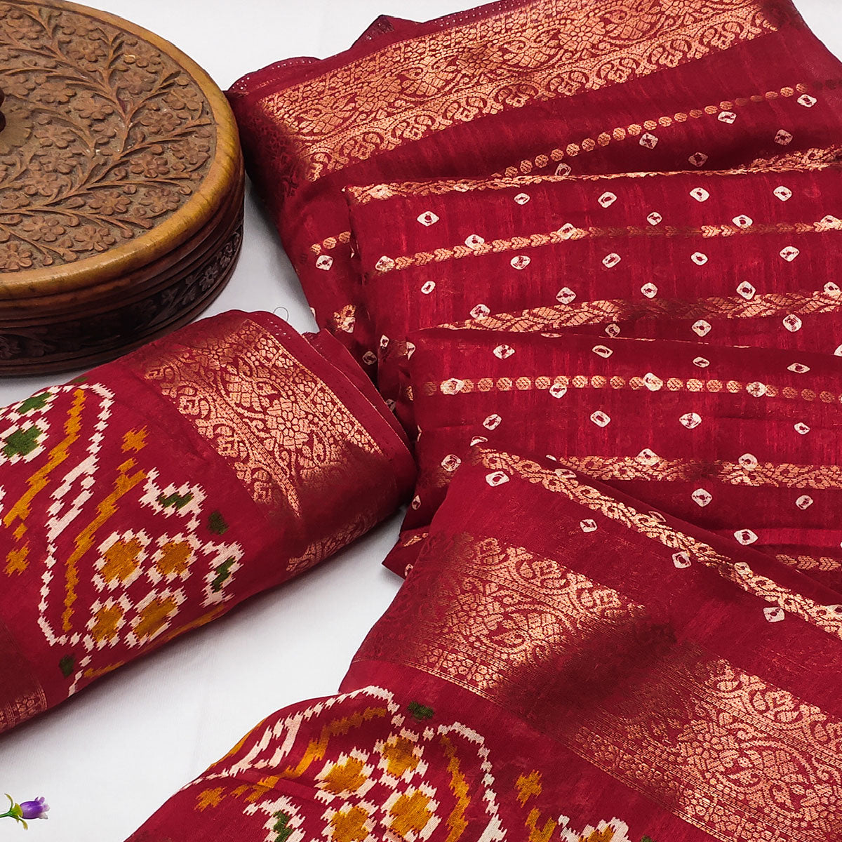 Red Bandhani Printed Dola Silk Saree Enhanced With Fine Weaving Accents